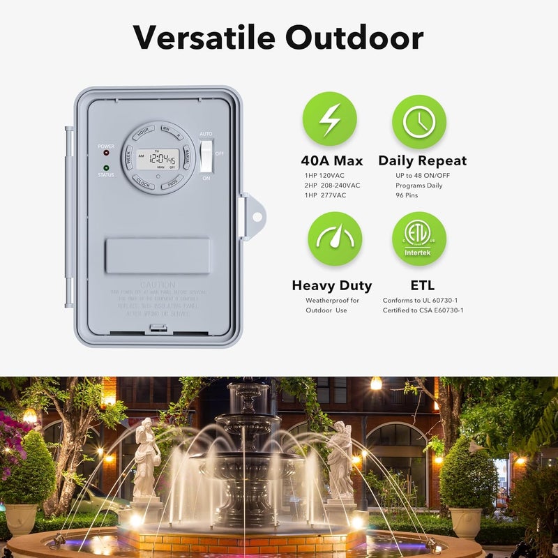 BN-LINK Pool Pump Timer Outdoor Digital Timer Box, Heavy Duty 7 Day Programmable, 2HP 40A Max, 120, 240, 277 VAC, for Pool Pump, Water Heater, Fans, SPA - Image 4